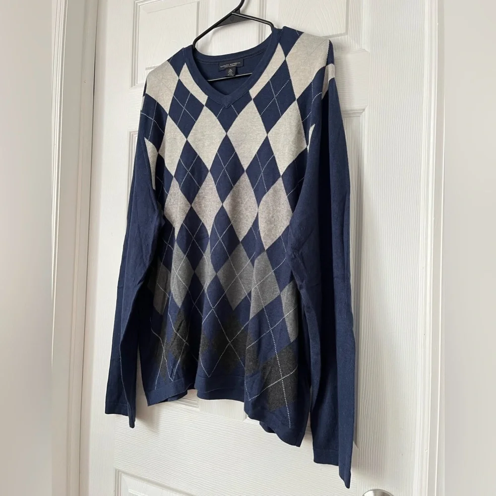 Banana Republic Men's Blue Argyle Diamond V Neck Silk Cashmere Sweater Size XL